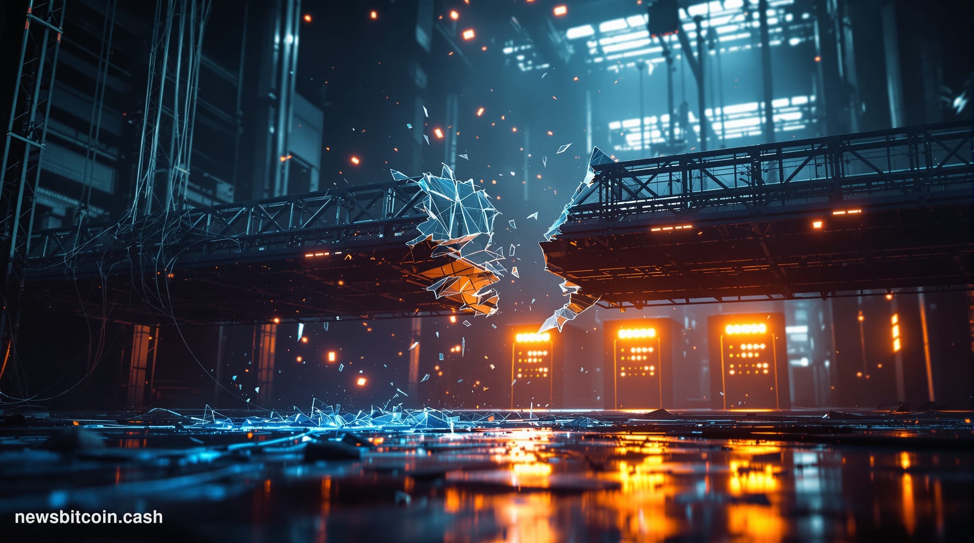 Cinematic photorealistic editorial photograph of a shattered digital bridge structure rendered as physical steel and glass in
