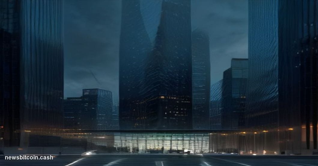 Cinematic photorealistic editorial photograph of a gleaming modern financial district at dusk, with a large digital trading s