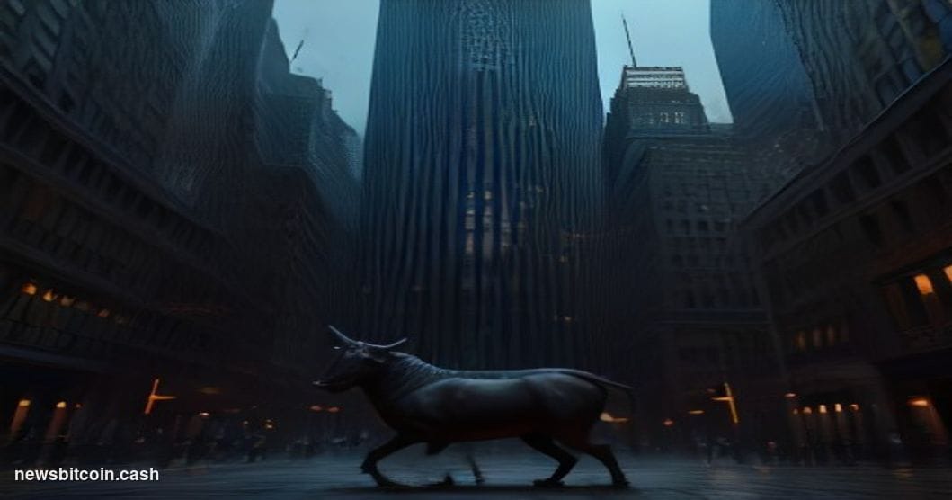 Cinematic photorealistic editorial photograph of a monumental Wall Street financial district exterior at dusk, with a dramati