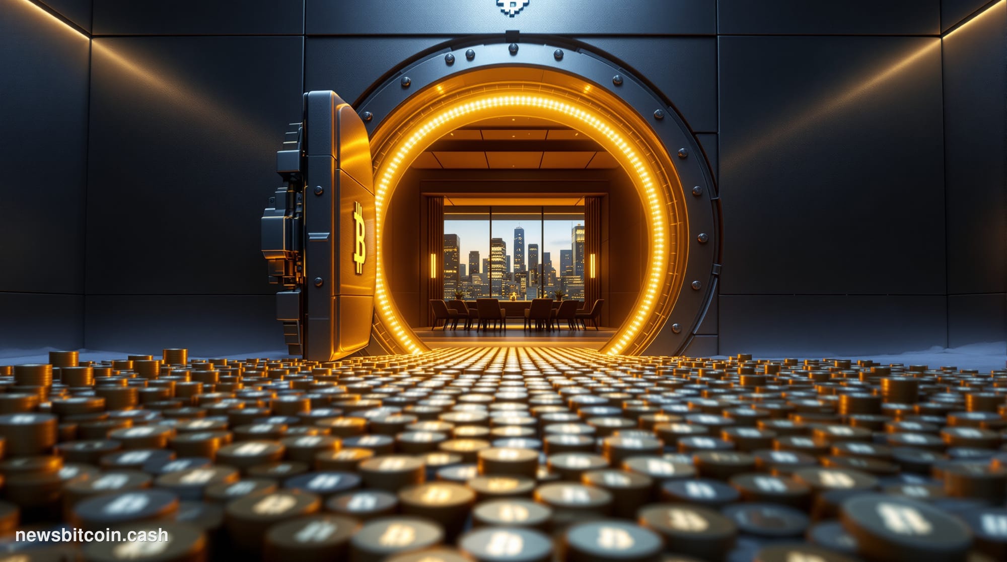 Cinematic photorealistic editorial photograph of a monumental corporate treasury vault door, partially ajar, with warm amber 