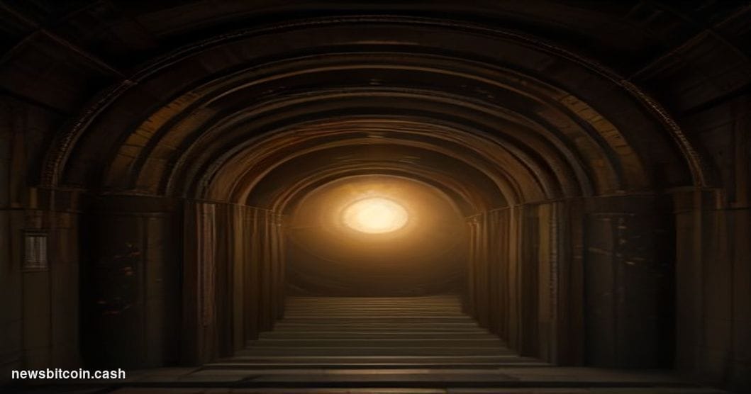 Cinematic photorealistic editorial photograph of a massive corporate treasury vault door, half-open, with warm amber light sp