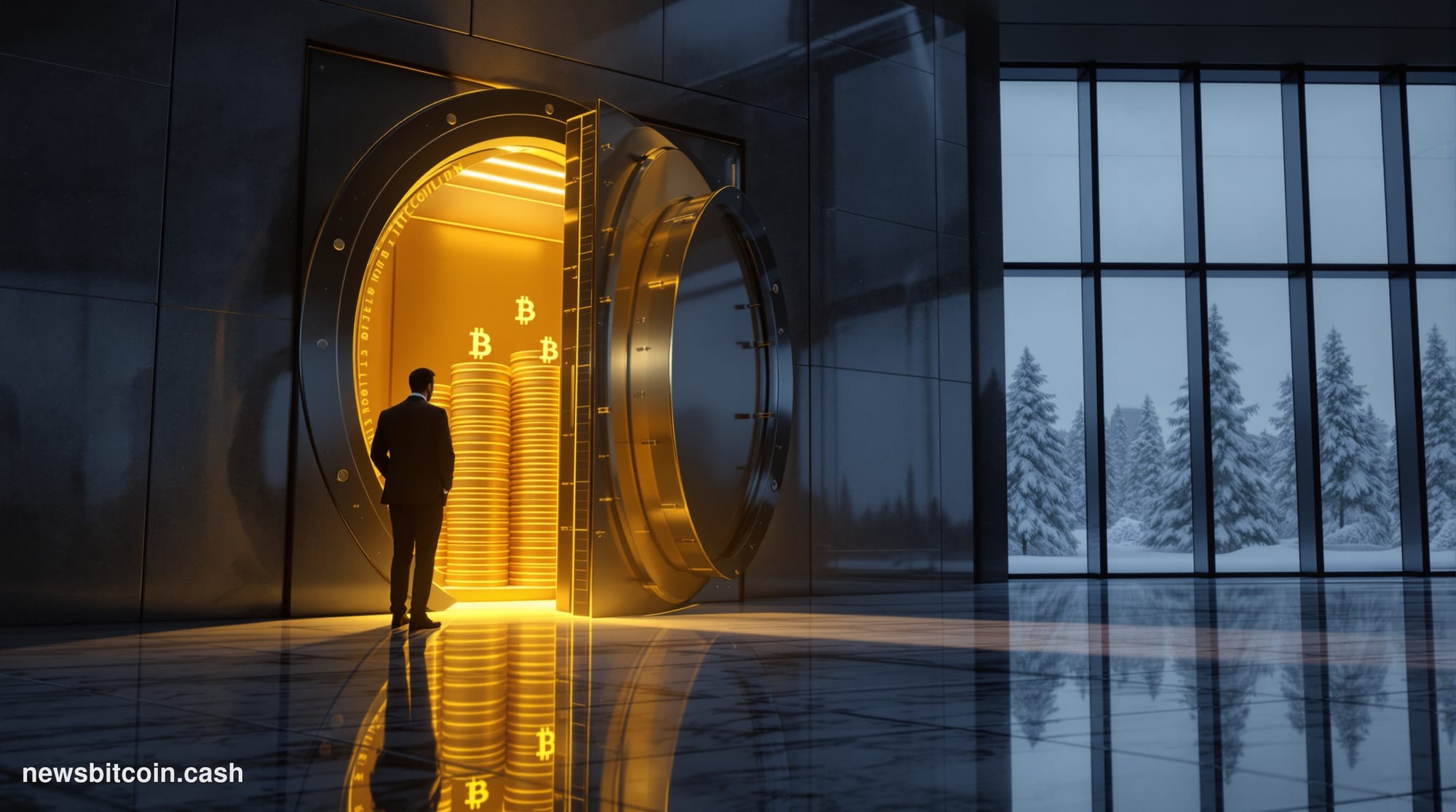 Cinematic photorealistic editorial photograph of a monumental corporate treasury vault door, slightly ajar, with stacked phys
