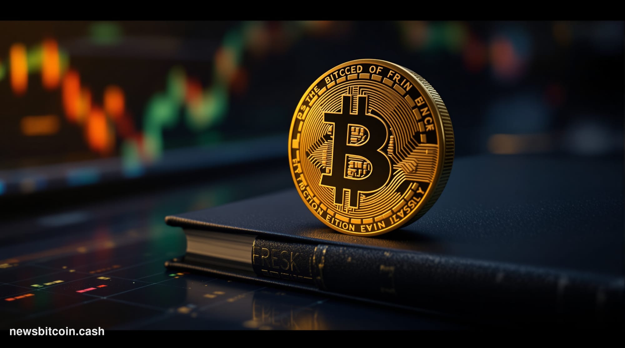 Cinematic photorealistic editorial photograph of a dramatic close-up of a physical gold Bitcoin coin balanced precisely on th