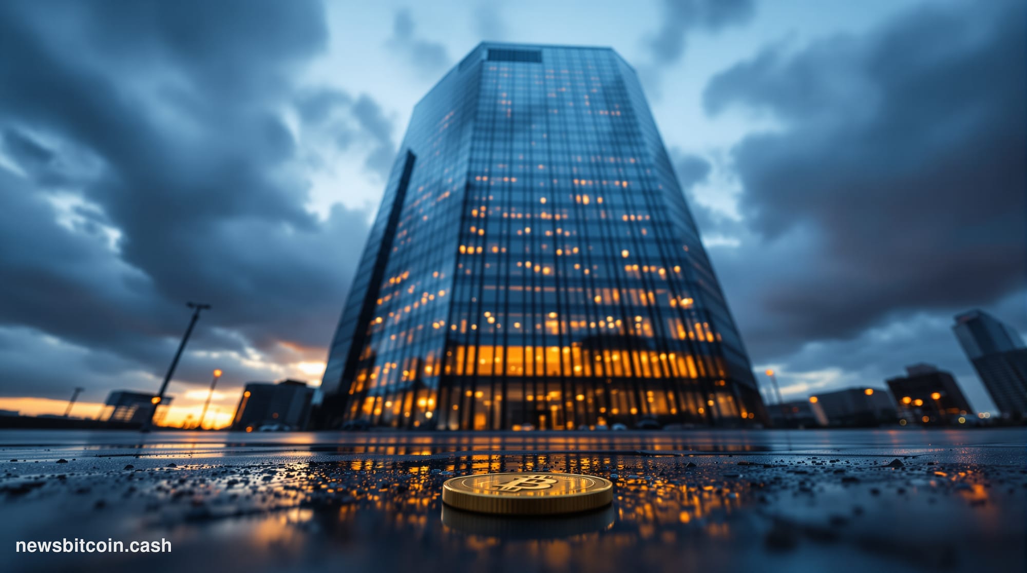 A cinematic photorealistic editorial photograph of a large modern corporate headquarters building in an urban financial distr