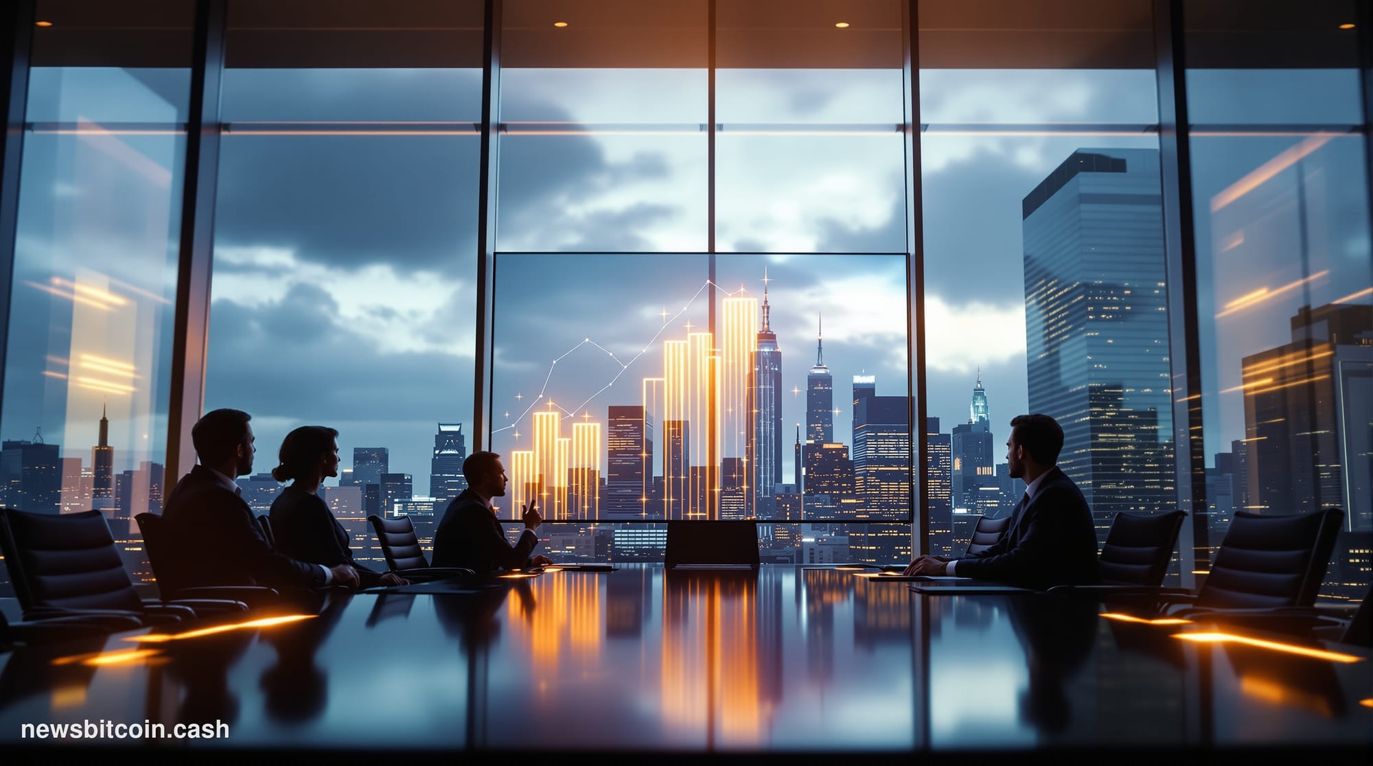 Cinematic photorealistic editorial photograph of a modern corporate boardroom with floor-to-ceiling glass windows overlooking