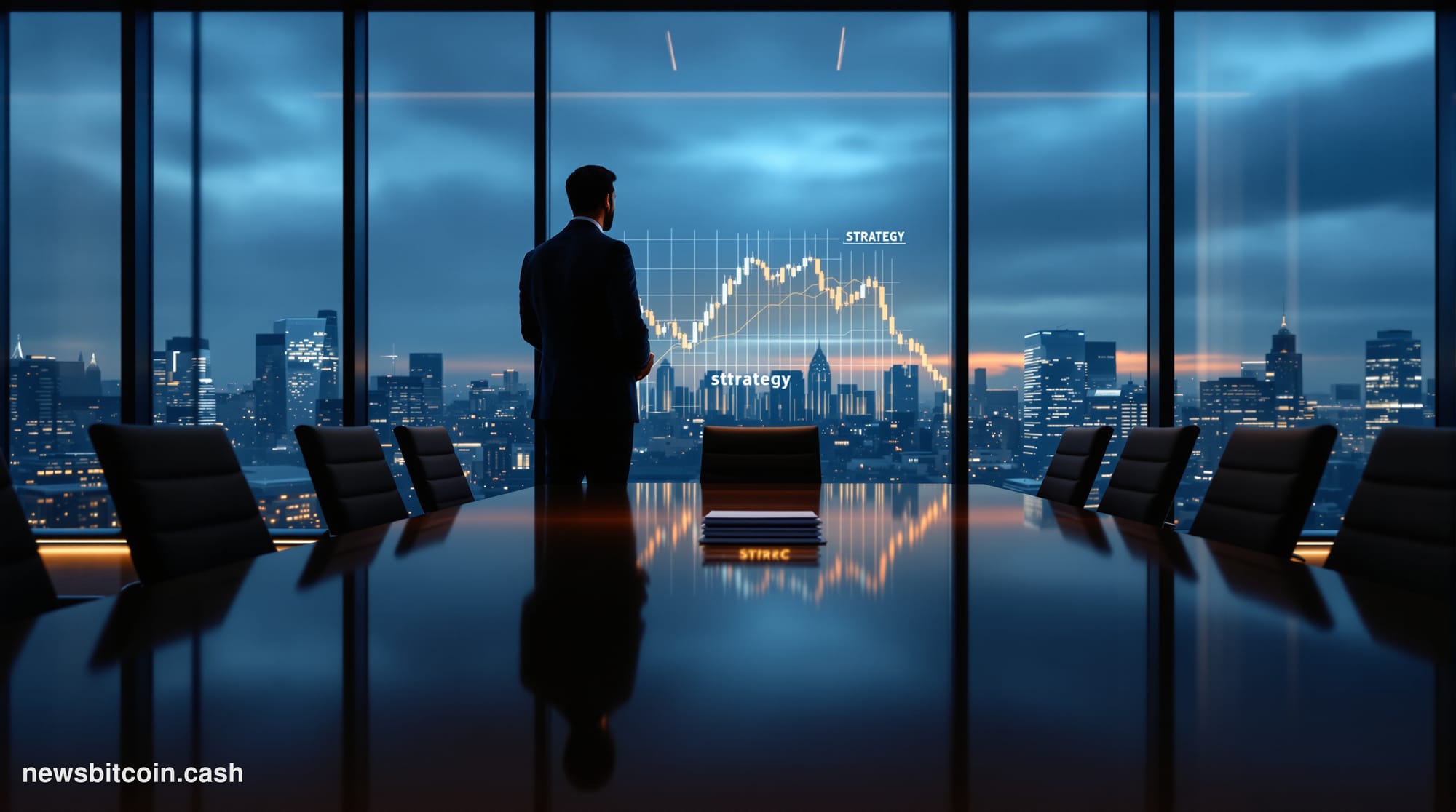 Cinematic photorealistic editorial photograph of a sleek corporate boardroom interior bathed in dramatic amber and shadow ton