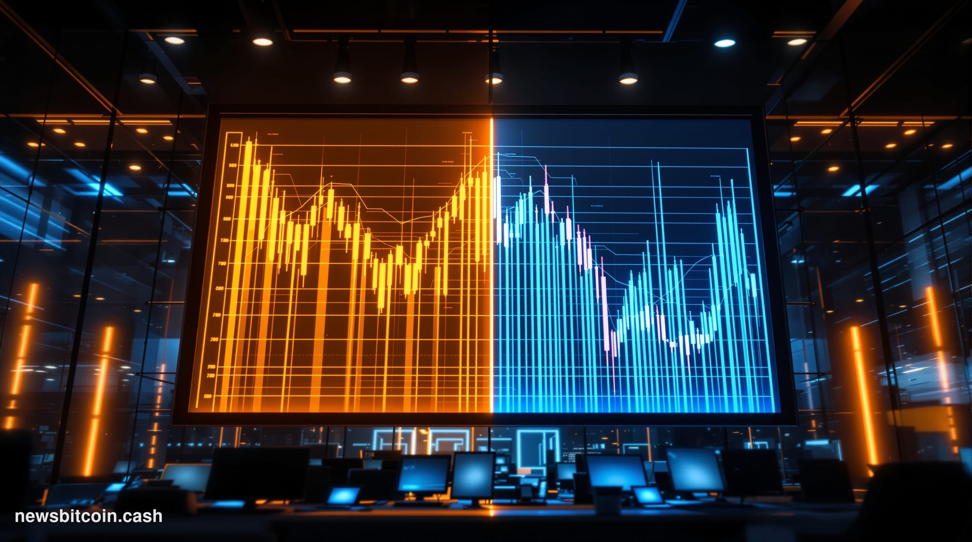 Cinematic photorealistic editorial photograph of a dramatically split financial trading floor environment, shot from a low an
