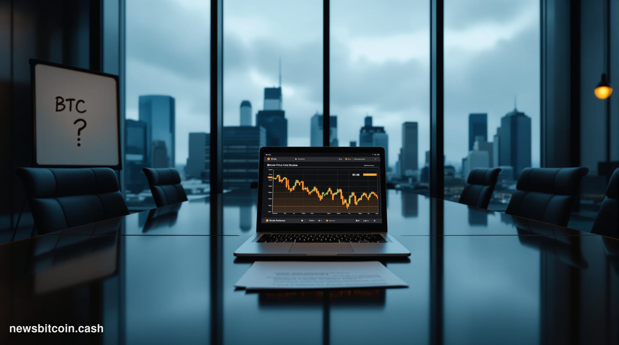 Cinematic photorealistic editorial photograph of a sleek glass-and-steel corporate boardroom interior, shot from a low angle 