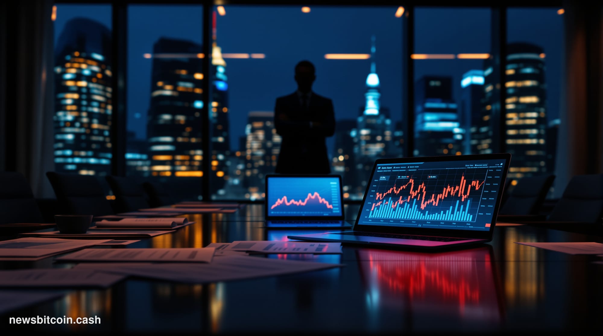 A cinematic photorealistic editorial photograph of a corporate boardroom interior at dusk, shot from a low angle with shallow