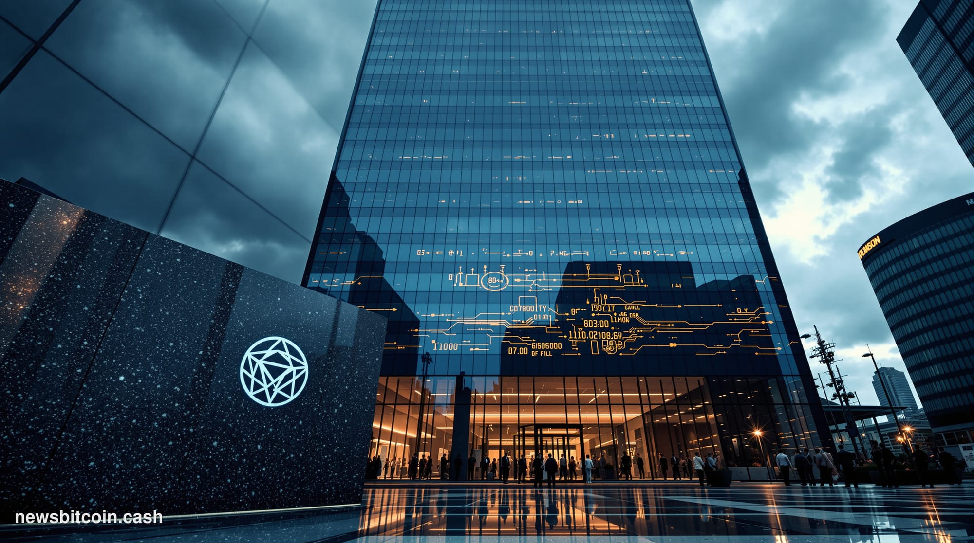 A cinematic photorealistic editorial photograph taken at low angle looking up at a glass-and-steel corporate headquarters bui
