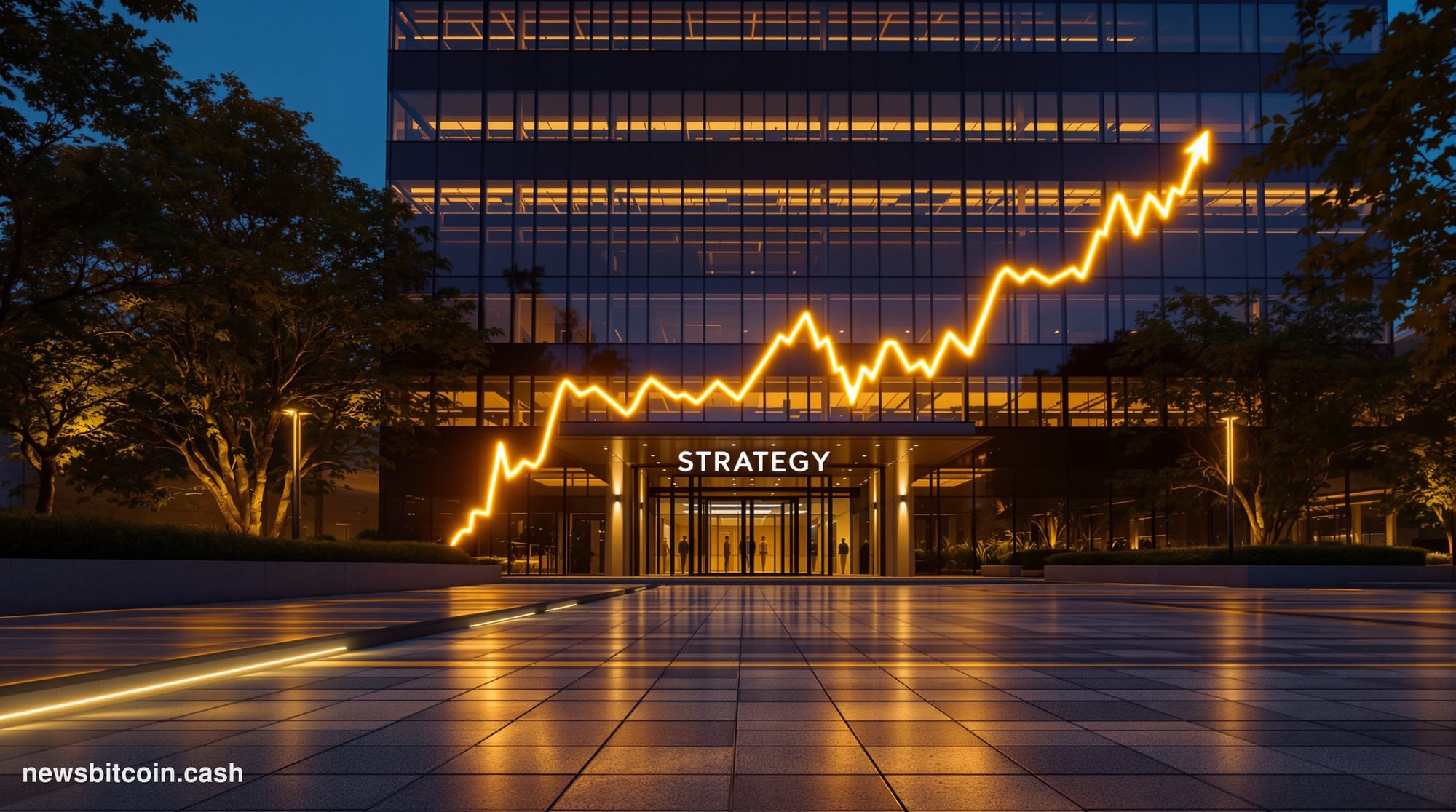Cinematic photorealistic editorial photograph of Strategy's corporate headquarters building exterior in Tysons Corner, Virgin