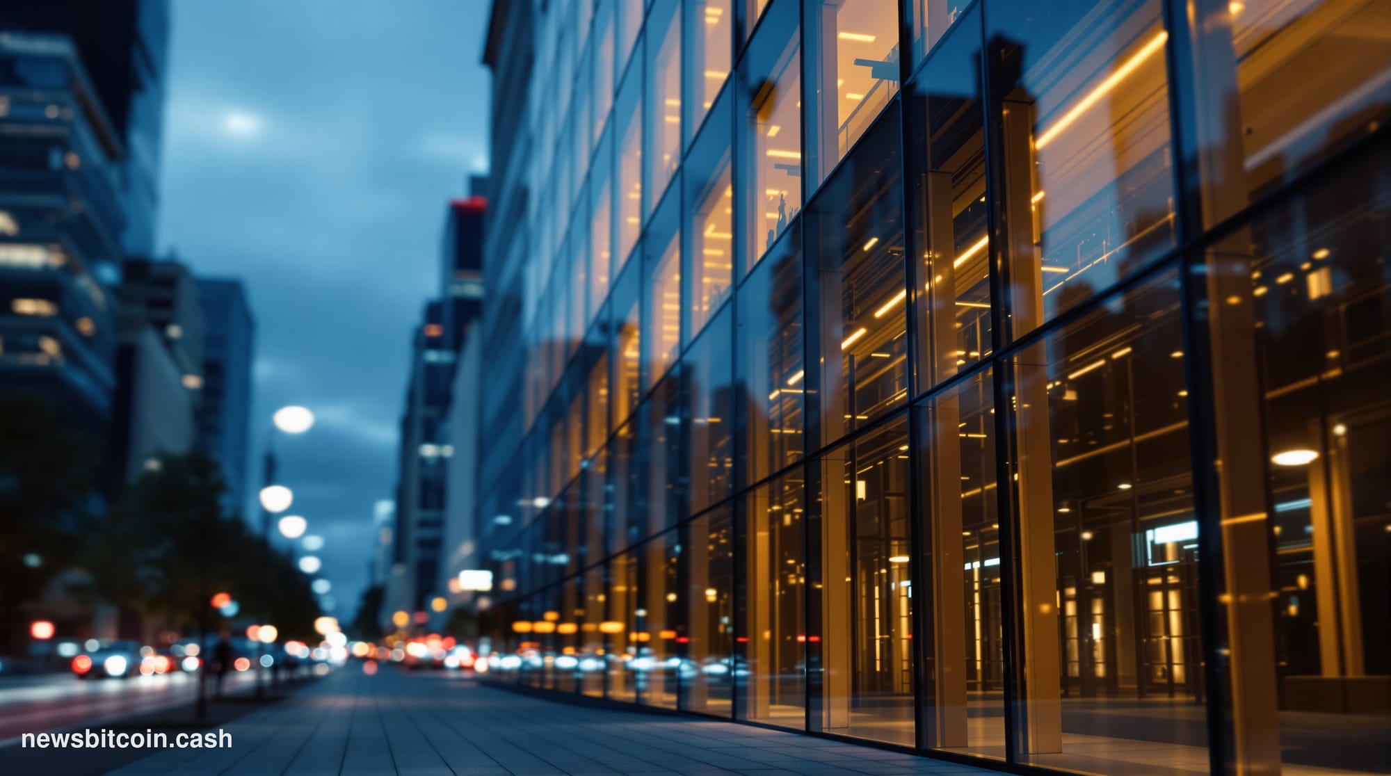 Cinematic photorealistic editorial photograph of Stripe's San Francisco headquarters exterior at dusk, dramatic side-lit faca