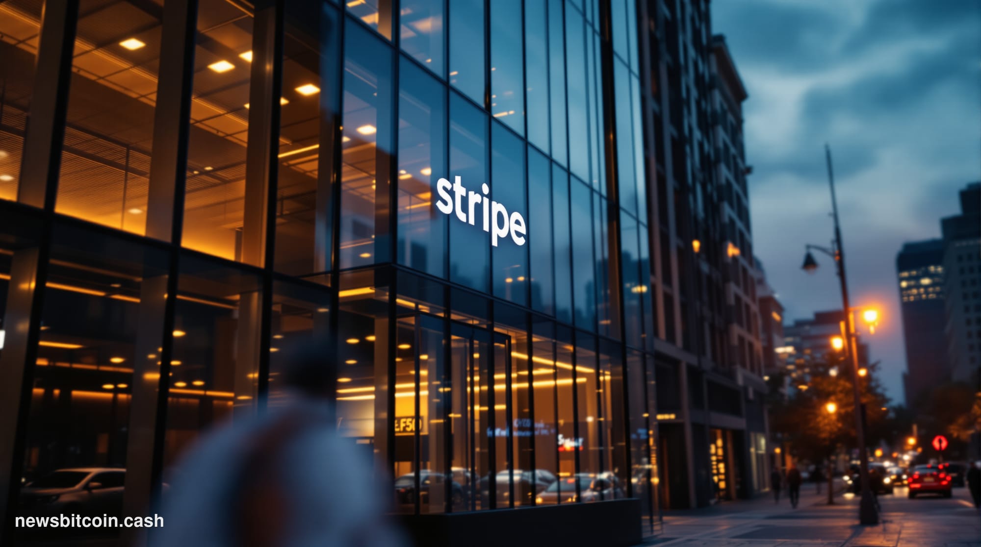 Cinematic photorealistic editorial photograph shot from a low angle looking up at Stripe's San Francisco office building exte