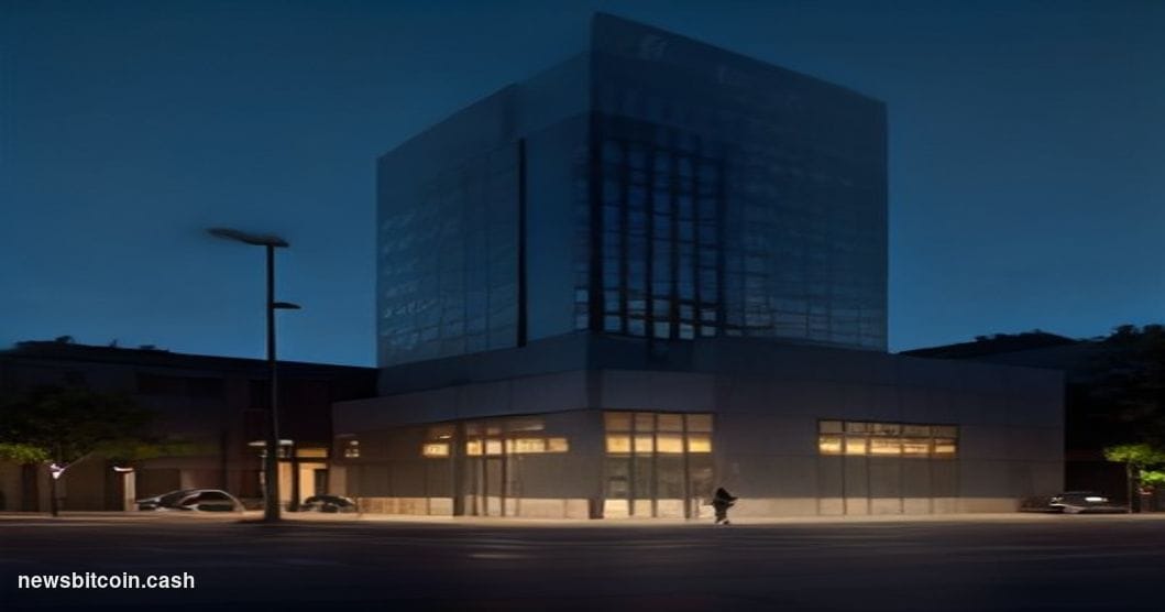 Cinematic photorealistic editorial photograph of PayPal's San Jose headquarters building at dusk, its distinctive corporate f