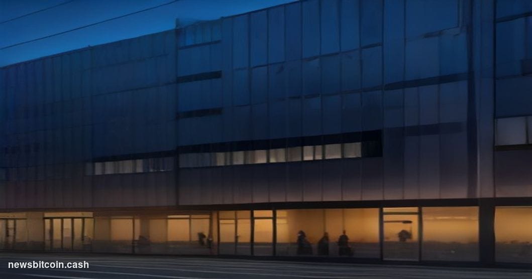 Cinematic photorealistic editorial photograph of Stripe's San Francisco headquarters exterior at dusk, shot from a low angle 