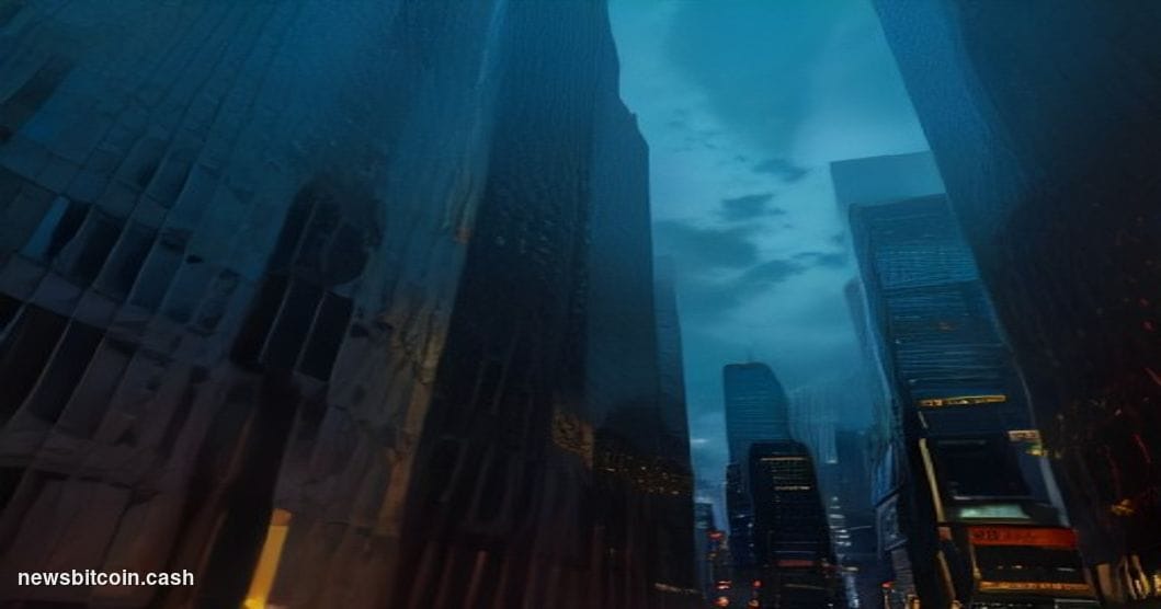 Cinematic photorealistic editorial photograph of the Nasdaq MarketSite building in Times Square, New York City, shot at dusk 