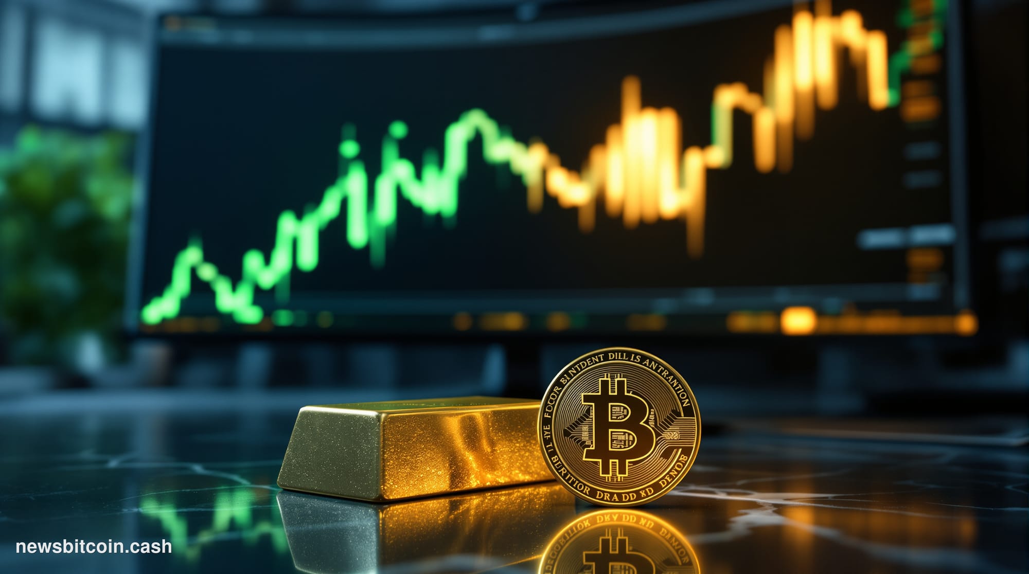 Cinematic photorealistic editorial photograph of a gleaming physical gold bar and a glowing Bitcoin coin placed side by side 