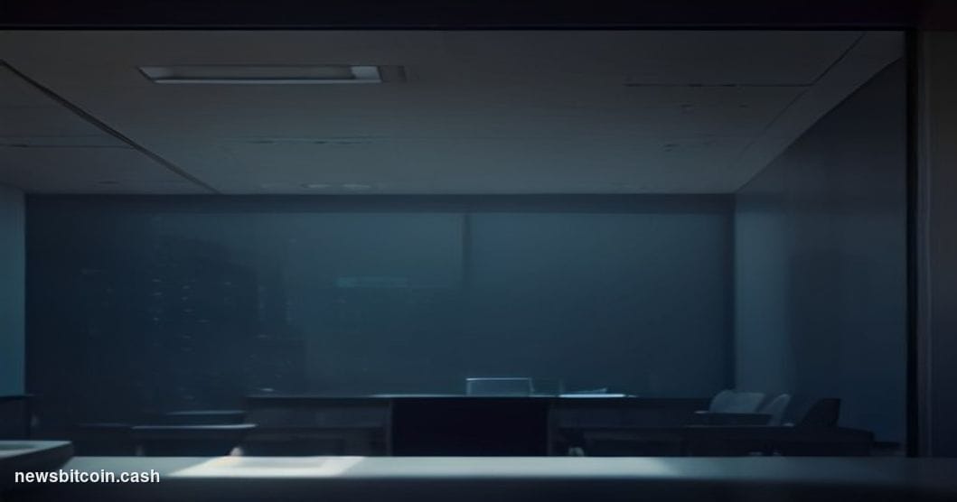 Cinematic photorealistic editorial photograph of a stark modern corporate treasury office at night, shot from a low angle loo