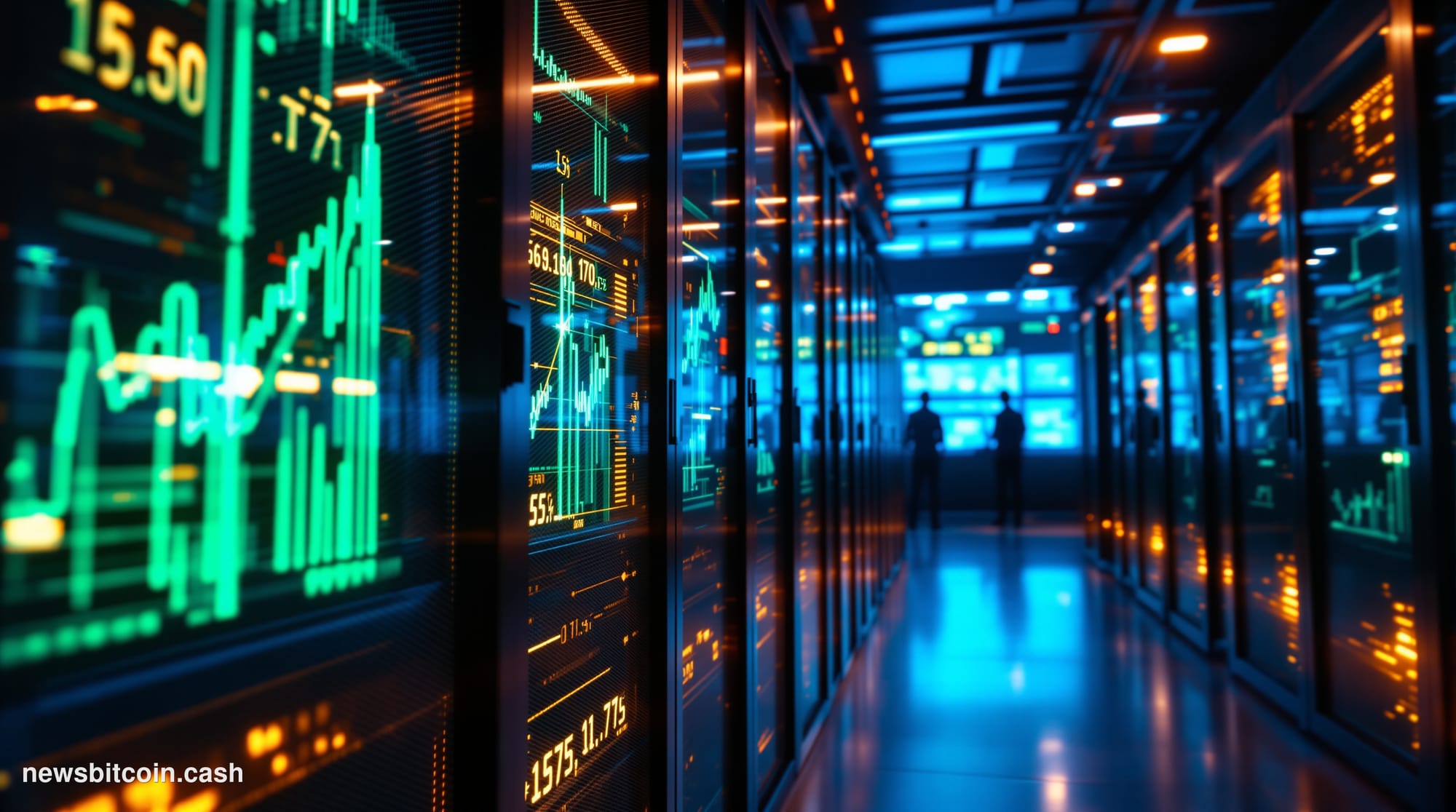 Cinematic photorealistic editorial photograph of a large server rack facility with rows of high-density GPU computing nodes b