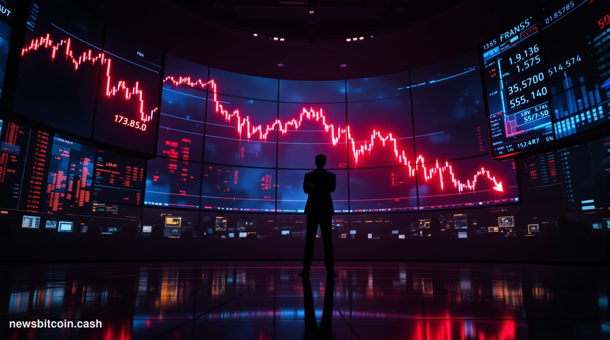 A cinematic photorealistic editorial photograph set in a dimly lit financial trading floor at dusk, with large curved monitor