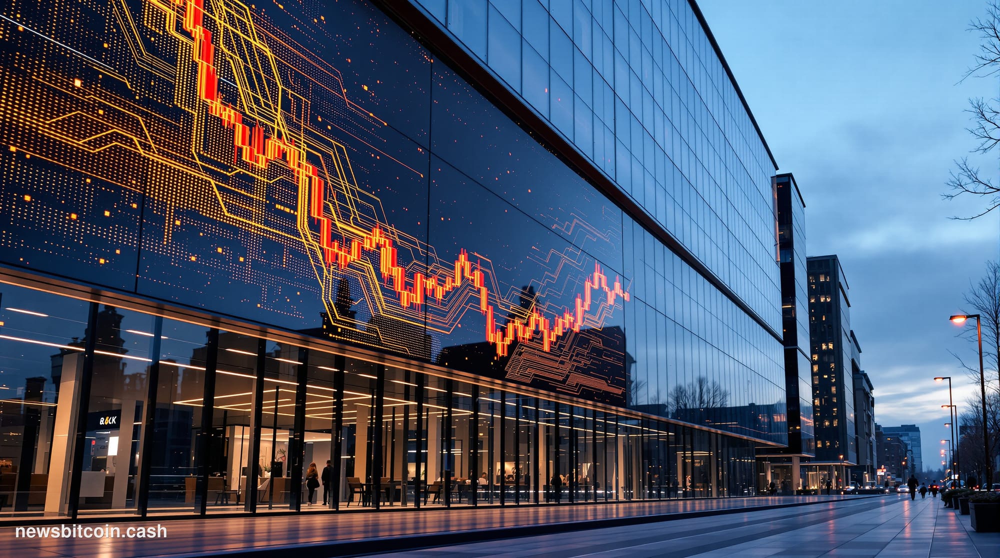 Cinematic photorealistic editorial photograph of a sleek, modern Scandinavian corporate office exterior at dusk, glass and st