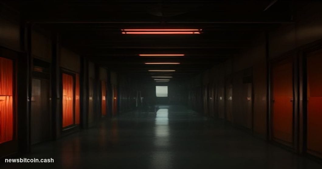 Cinematic photorealistic editorial photograph shot from a low angle looking up at a darkened server rack corridor, with drama