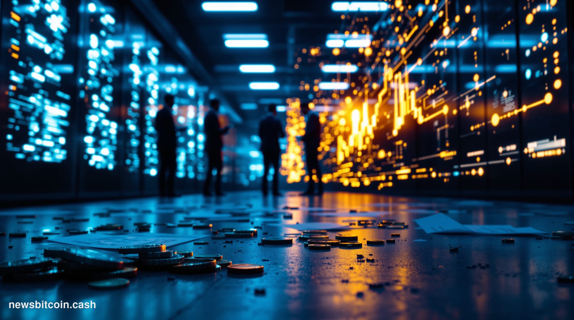 A cinematic photorealistic editorial photograph shot at ground level in a dimly lit cryptocurrency exchange server room, with