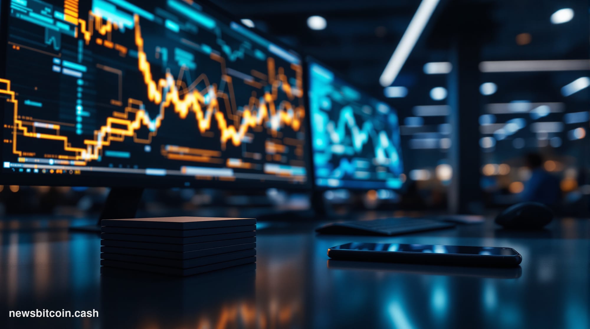 Cinematic photorealistic editorial photograph of a sleek fintech operations floor in a dimly lit modern office, shot from a l