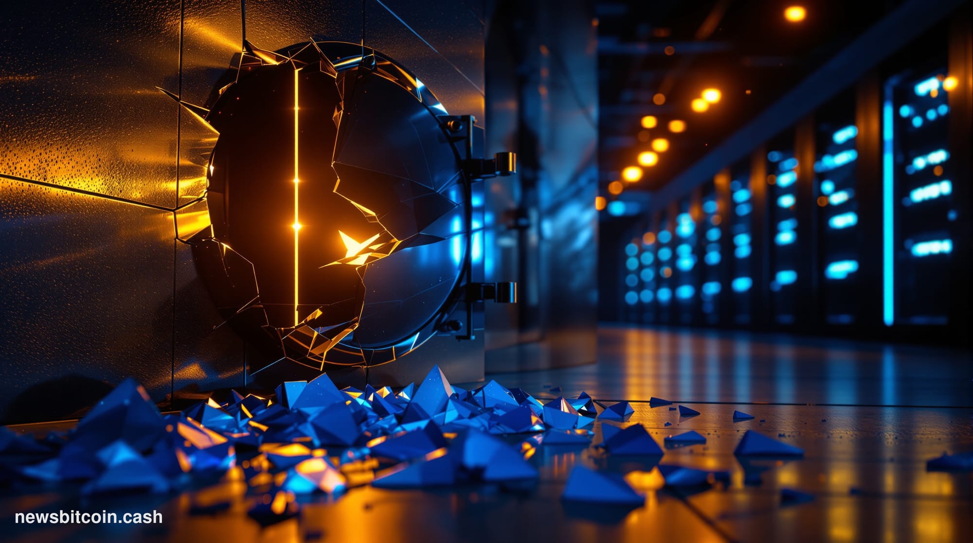 A cinematic photorealistic editorial photograph of a cracked open digital vault door set against a dark, moody server room en