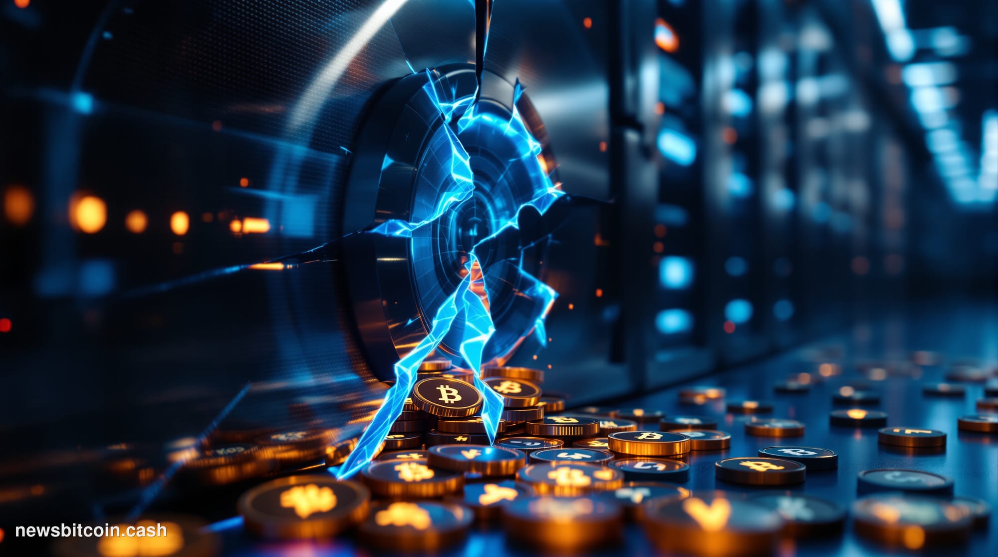Cinematic photorealistic editorial photograph of a cracked digital vault door rendered in cold steel and neon-blue lighting, 