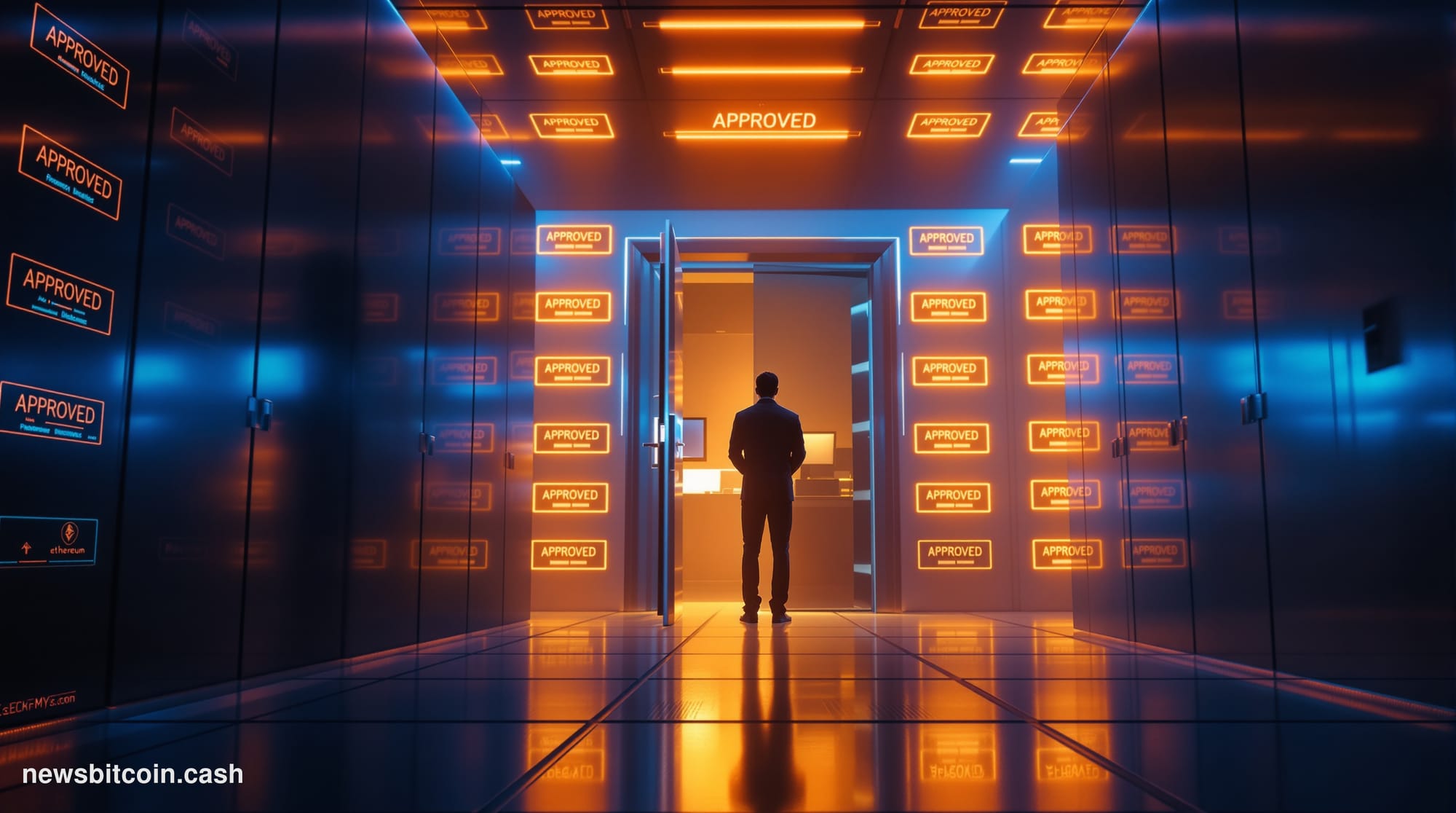 Cinematic photorealistic editorial photograph of a sleek Ethereum-themed server environment bathed in cold blue and amber lig