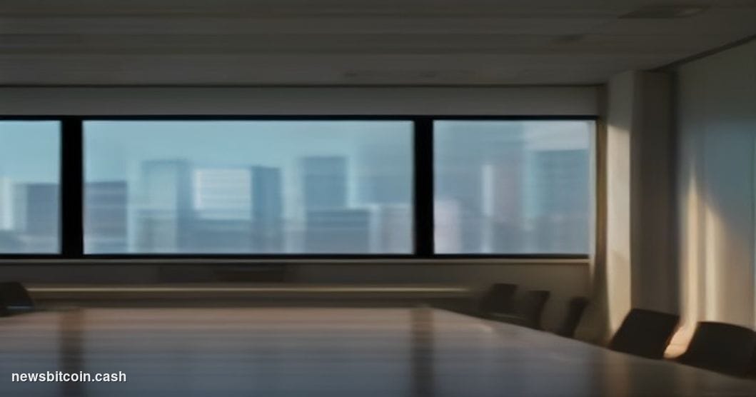 Cinematic photorealistic editorial photograph of a sleek investment banking conference room in lower Manhattan, dramatic late