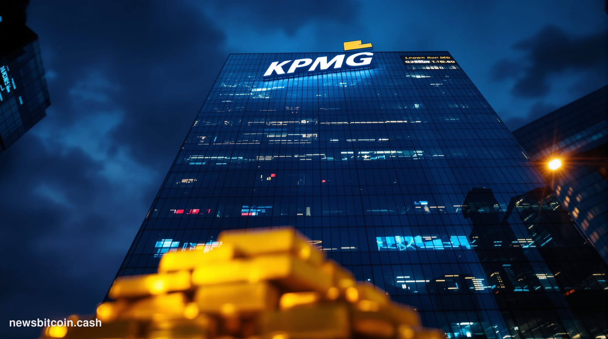 Cinematic photorealistic editorial photograph of the KPMG corporate headquarters exterior at dusk, shot from a low angle look