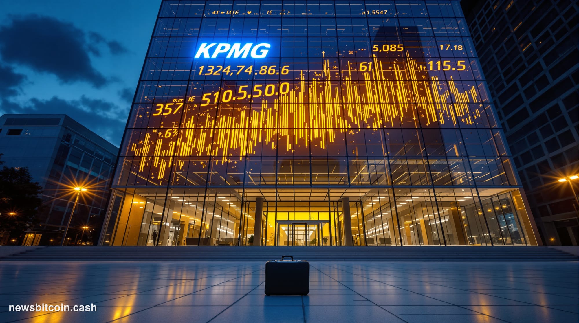Cinematic photorealistic editorial photograph of KPMG's corporate headquarters exterior at dusk, shot from a low angle lookin