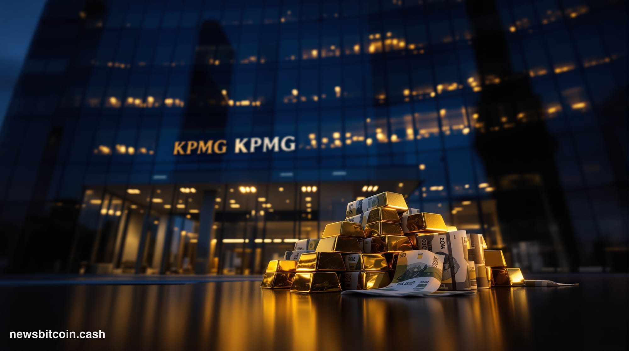 Cinematic photorealistic editorial photograph of the KPMG headquarters building exterior shot from a low angle at dusk, with 