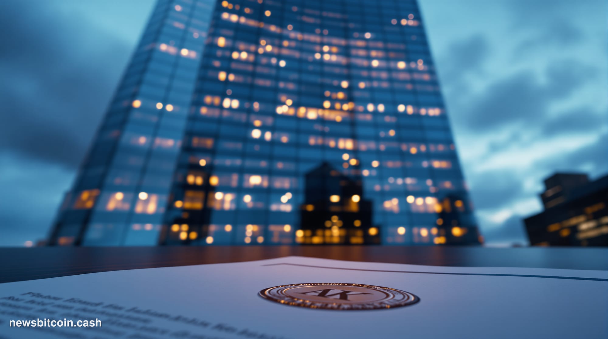 Cinematic photorealistic editorial photograph of KPMG's Manhattan office tower at dusk, shot from a low angle looking up at t
