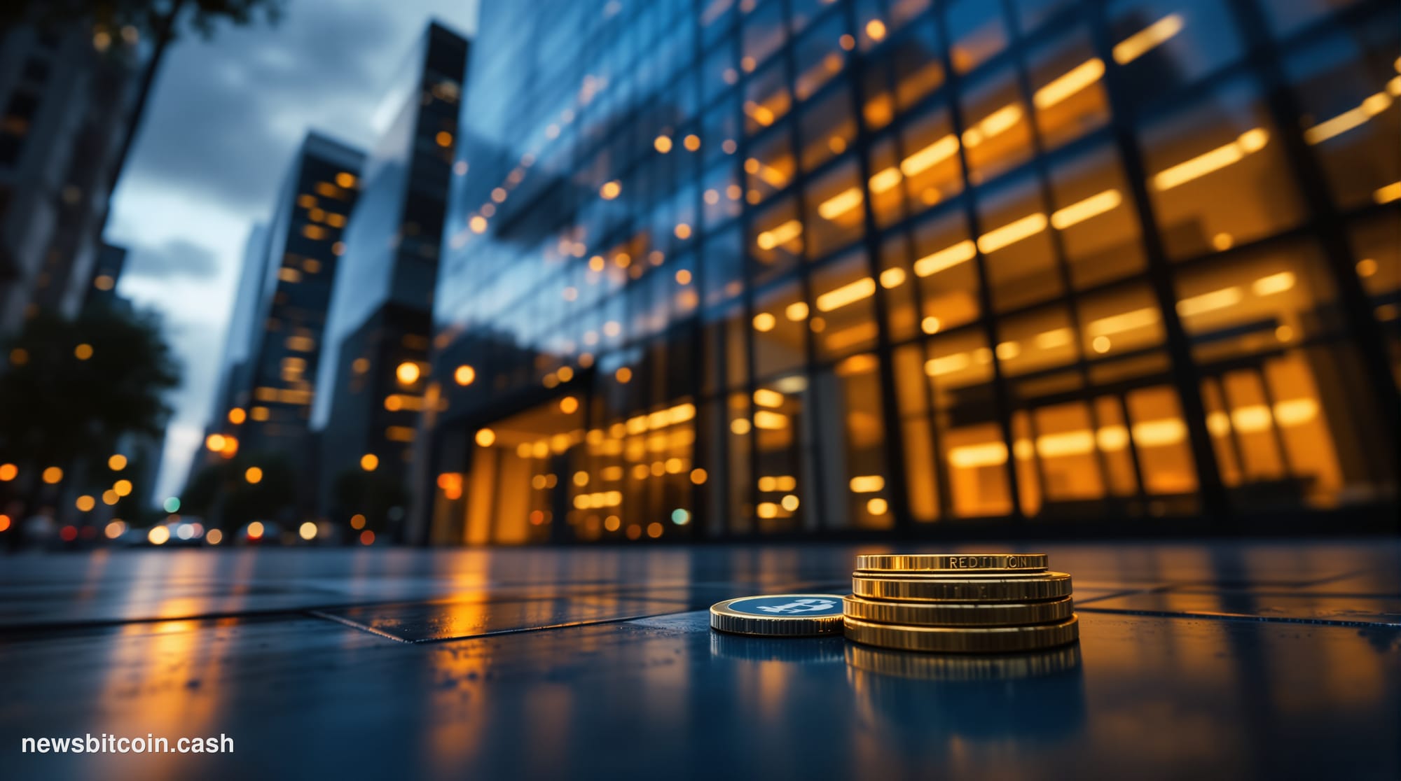 Cinematic photorealistic editorial photograph of the KPMG U.S. headquarters building exterior in New York City, shot from a l