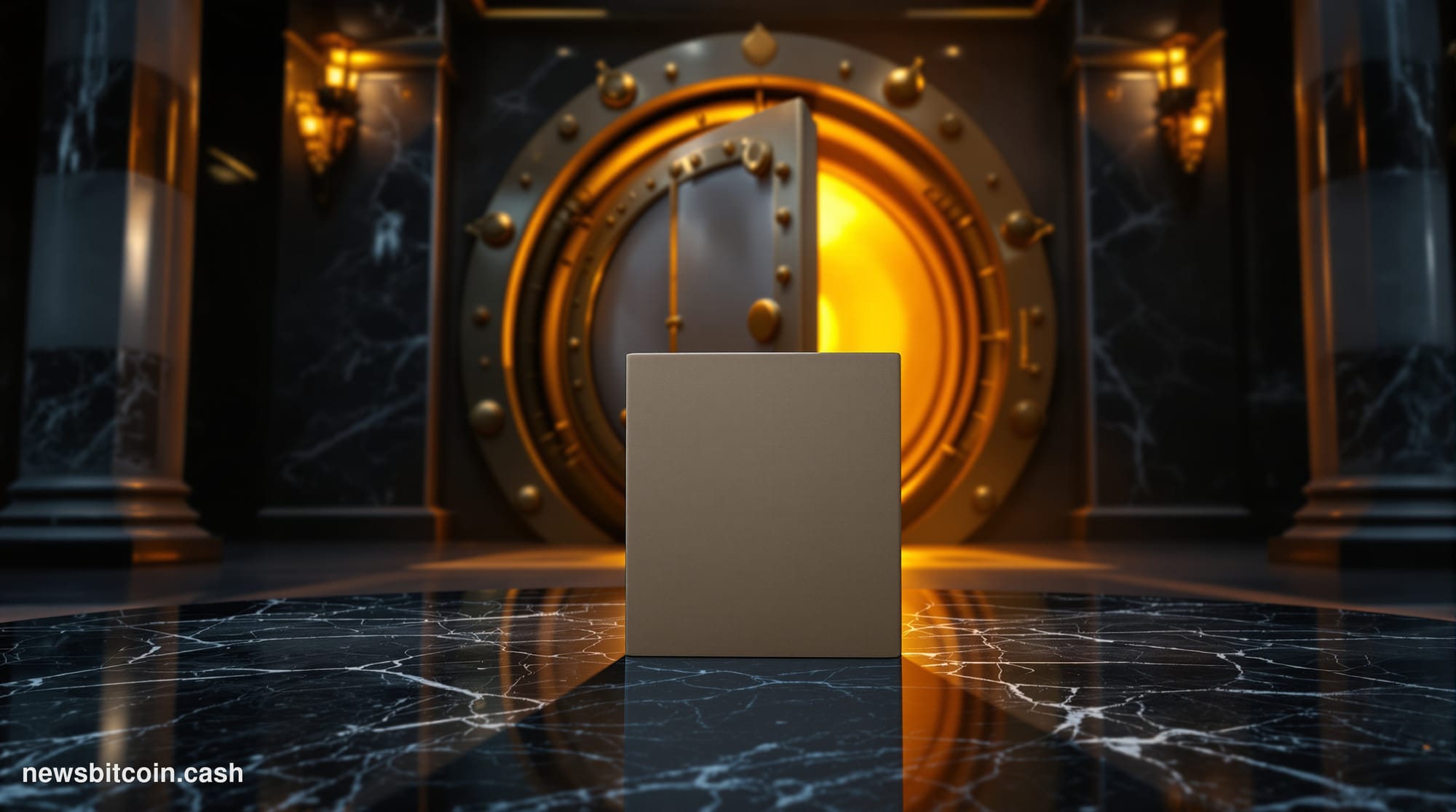 Cinematic photorealistic editorial photograph of a massive stone vault door, partially open, with warm golden light spilling 