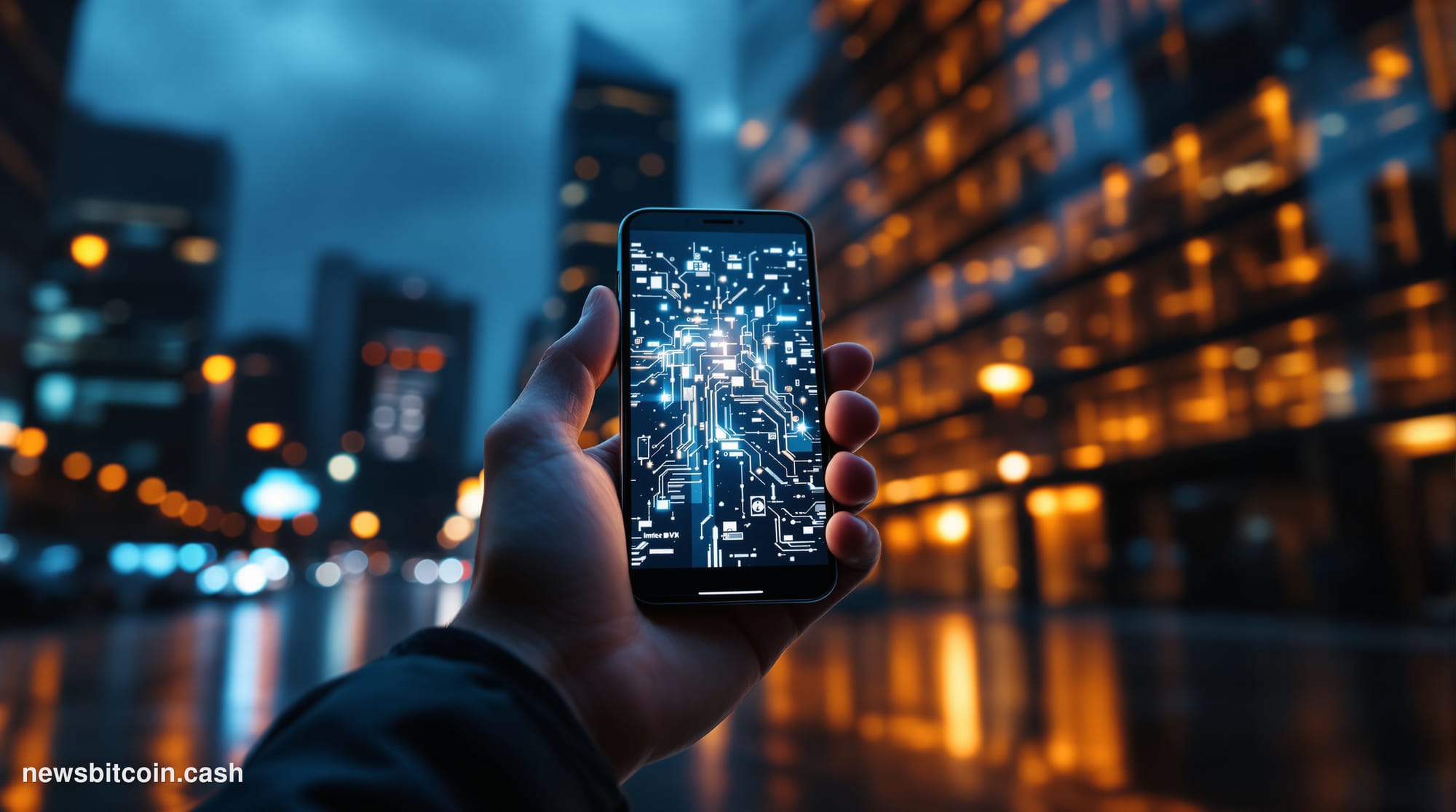 Cinematic photorealistic editorial photograph of a sleek smartphone held in a human hand, its screen glowing with a stylized 