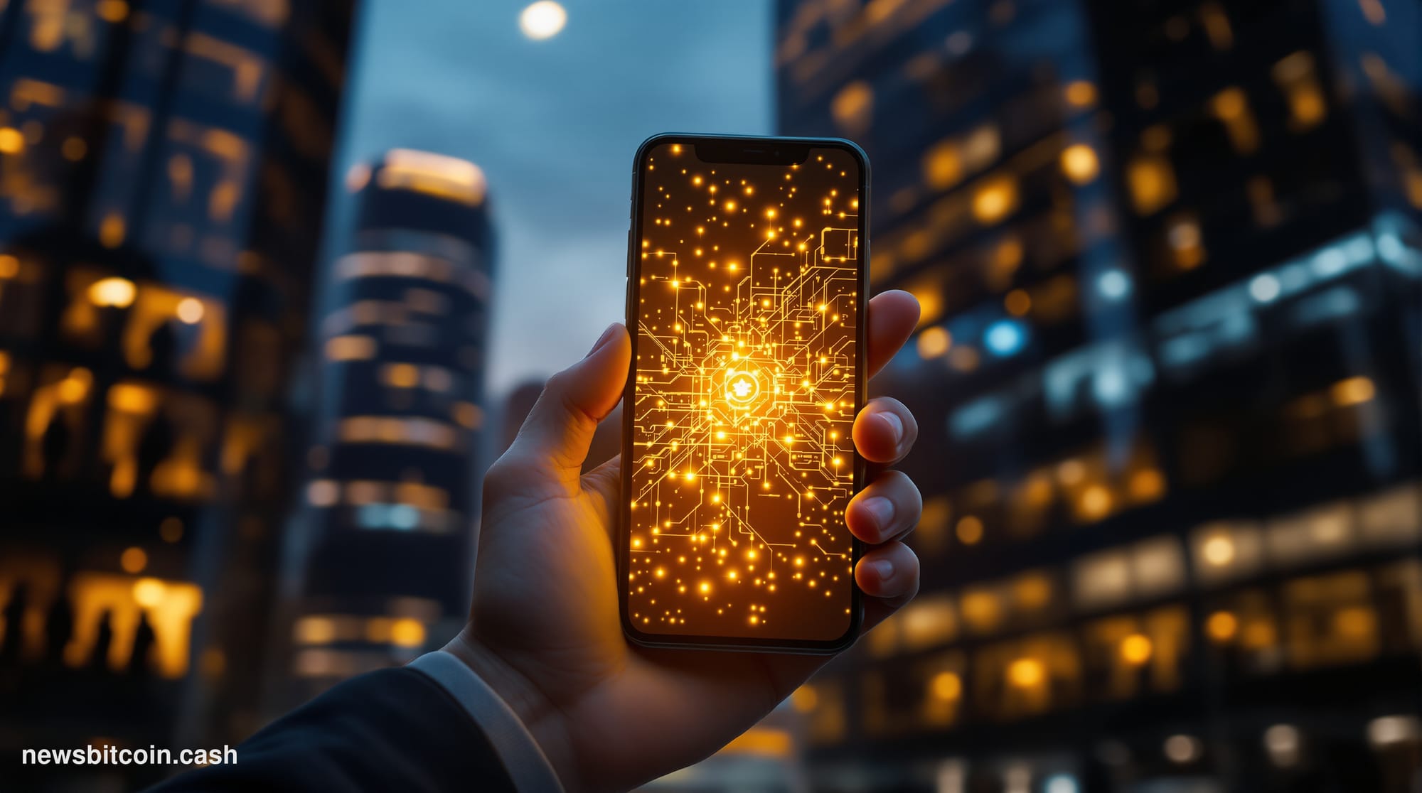 A cinematic photorealistic editorial photograph of a smartphone held in the foreground displaying a glowing TikTok-style chat