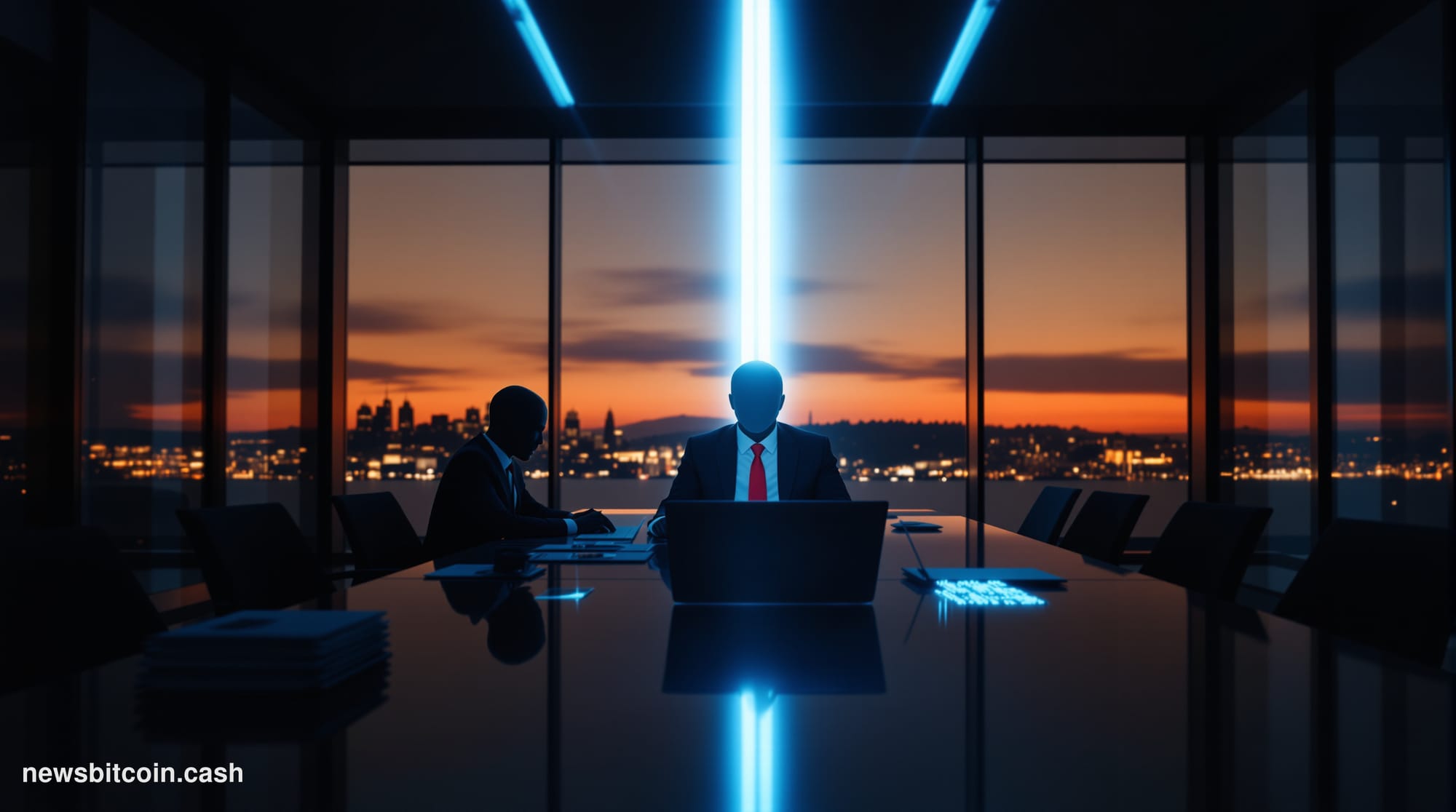 A cinematic photorealistic editorial photograph of a sleek, dimly lit venture capital boardroom split by a dramatic vertical 