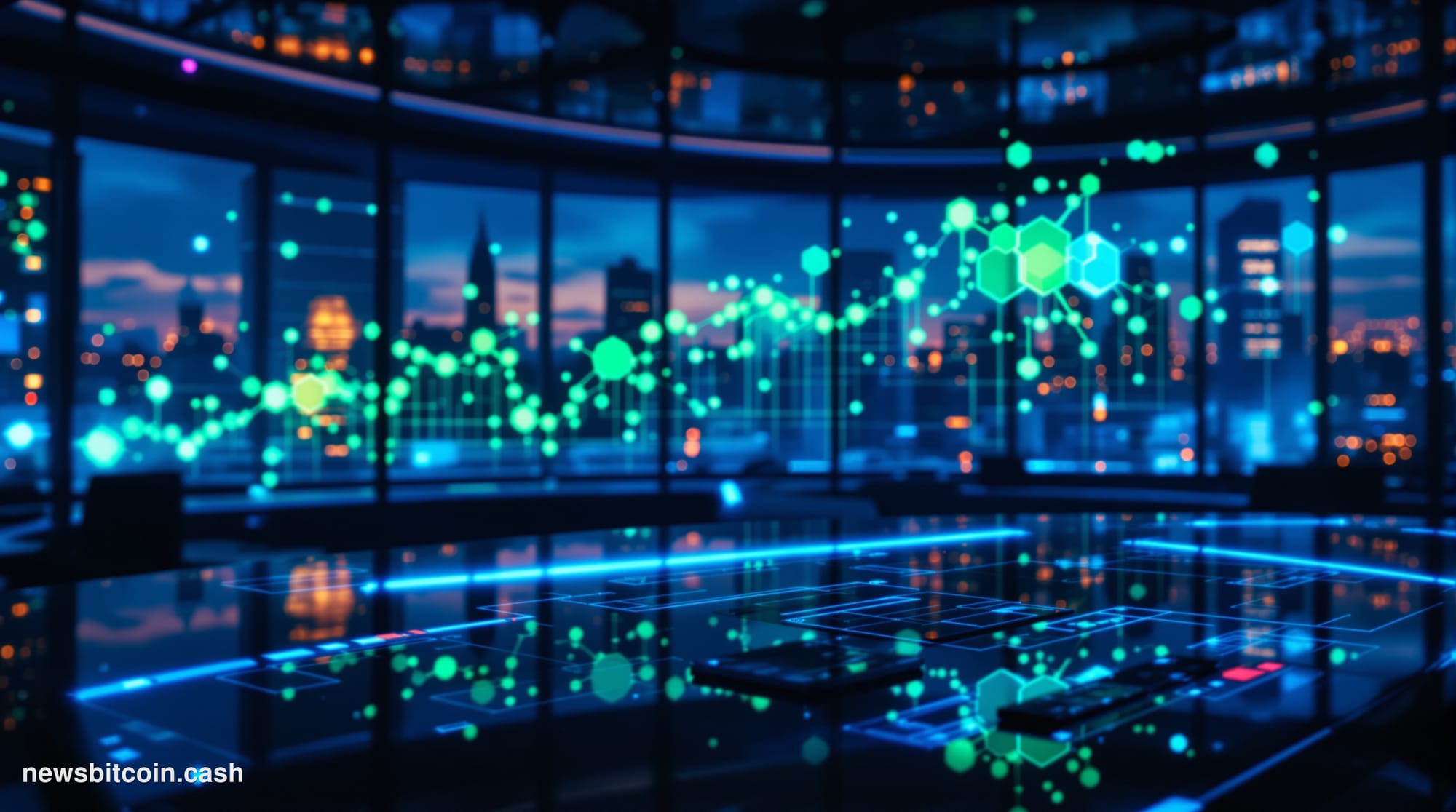 A cinematic photorealistic editorial photograph of a sleek financial trading floor bathed in deep blue ambient light, with la