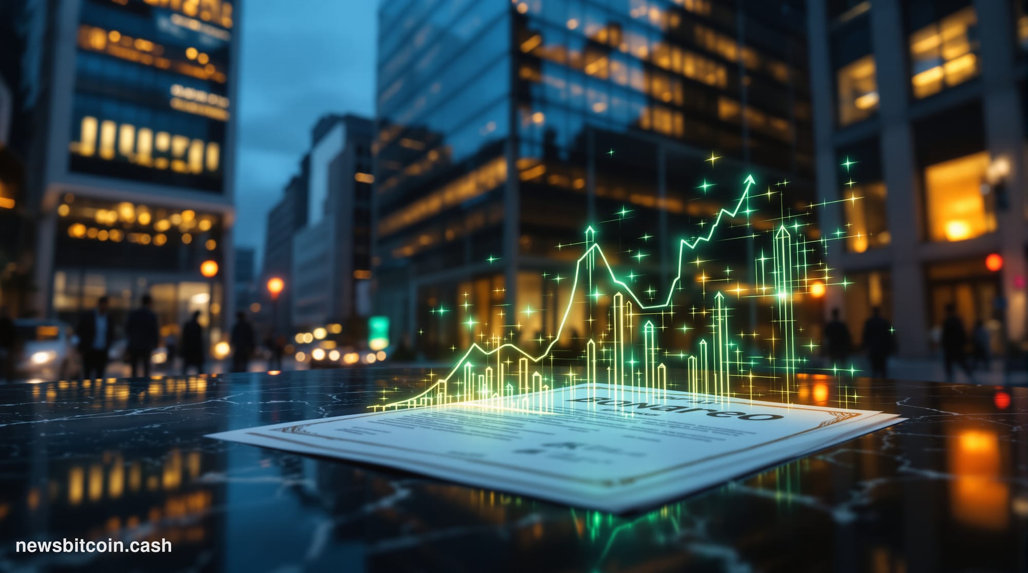 Cinematic photorealistic editorial photograph of a monumental marble-and-glass financial district intersection at dusk, with 