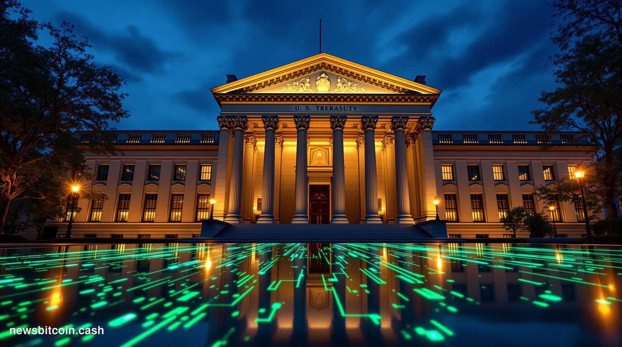 Cinematic photorealistic editorial photograph of the U.S. Treasury Building in Washington D.C. captured at dusk from a low an