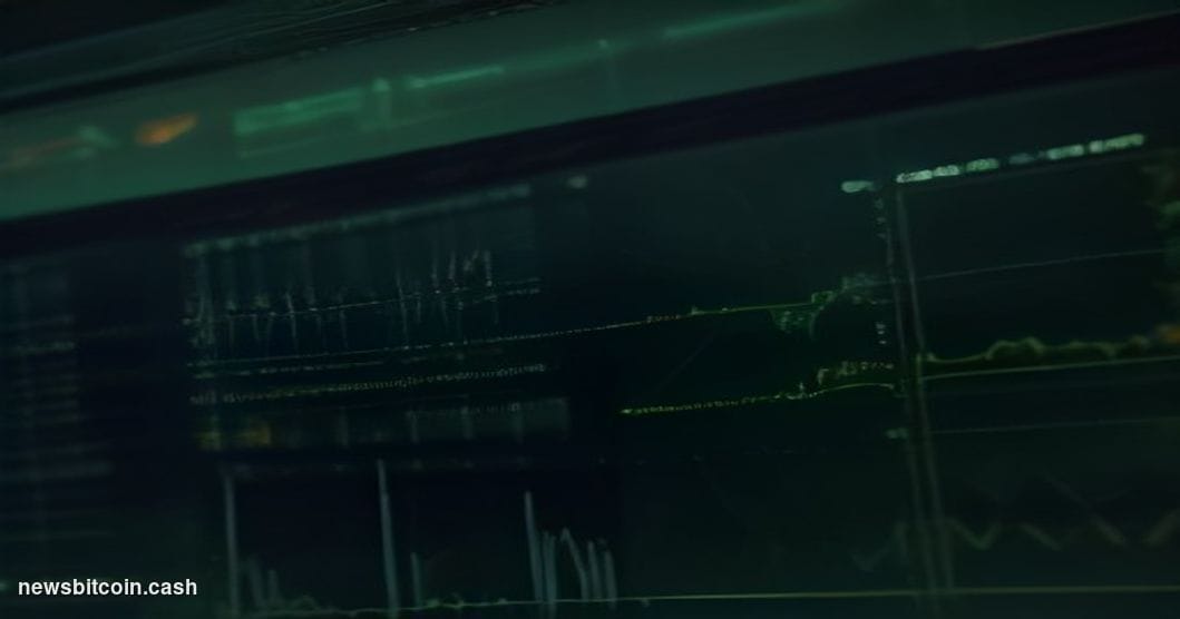 Cinematic photorealistic editorial photograph of a dimly lit Wall Street trading floor at dusk, with large screens displaying