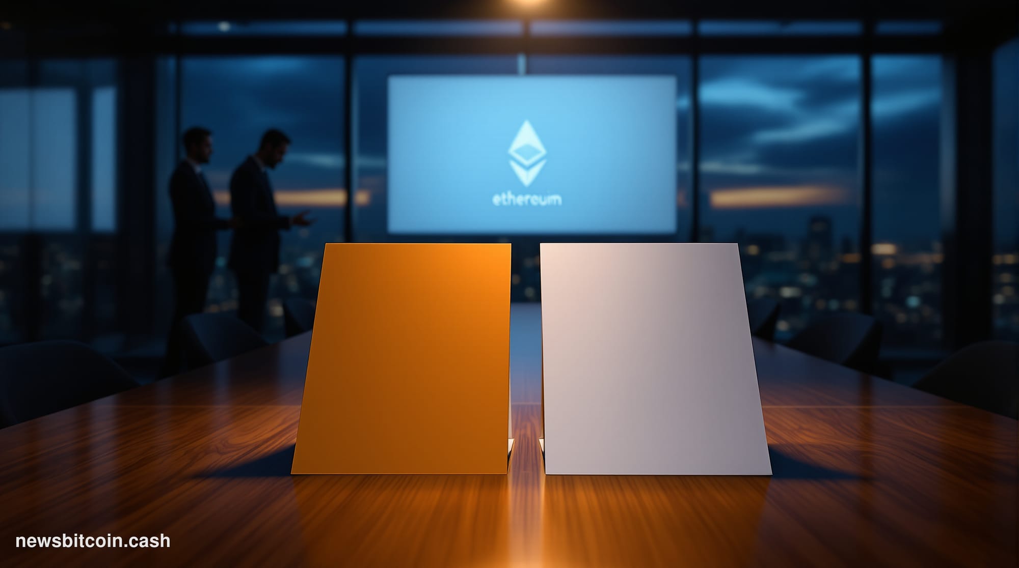A cinematic photorealistic editorial photograph set inside a sleek, dimly lit financial boardroom with floor-to-ceiling glass
