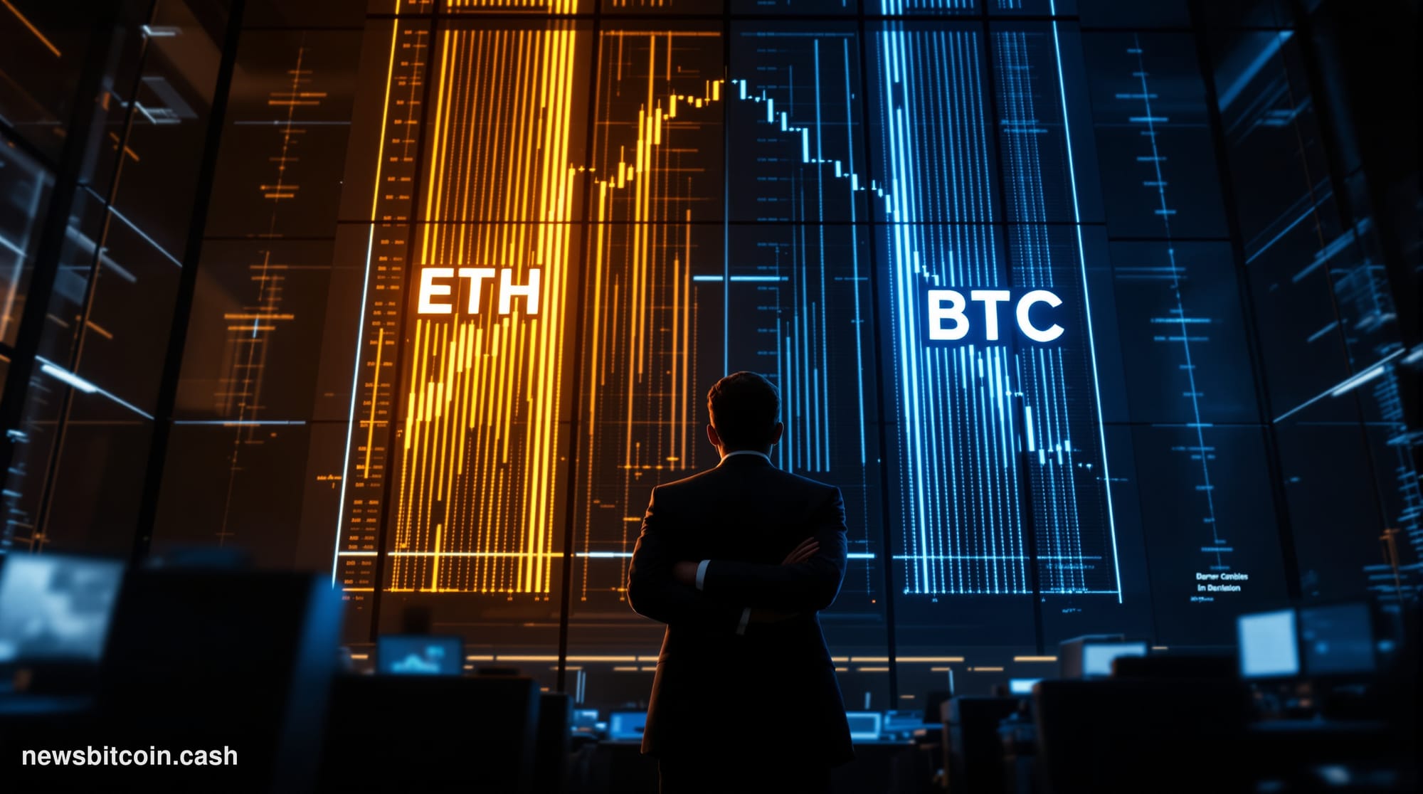 Cinematic photorealistic editorial photograph of a dramatic split-screen financial trading floor environment, shot from a low