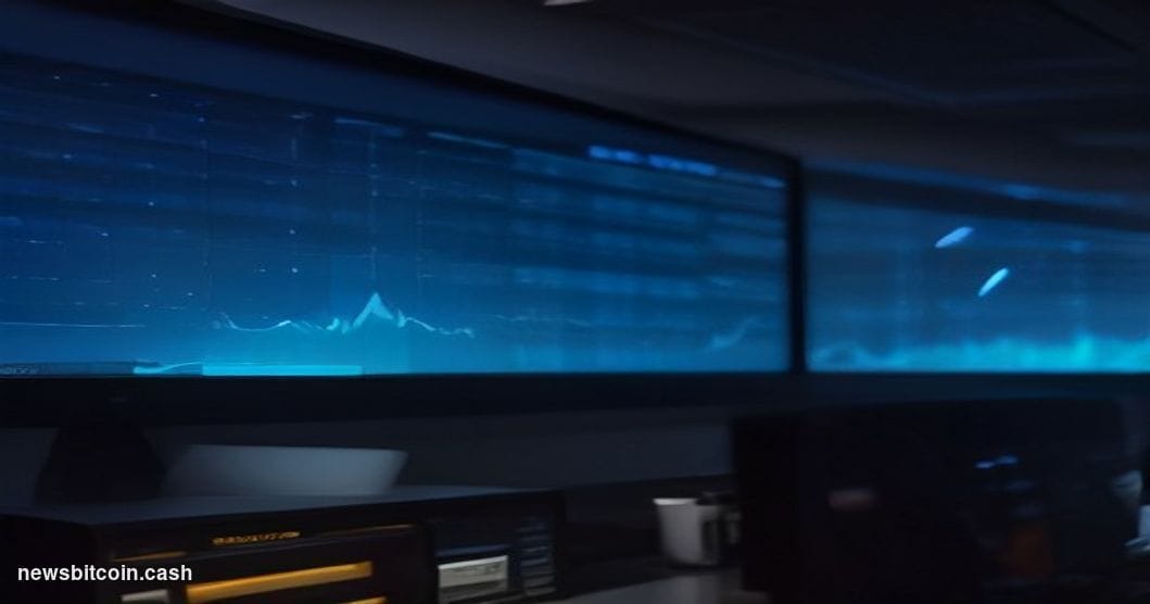 Cinematic photorealistic editorial photograph of a dramatic trading floor environment bathed in deep blue and amber light, wi