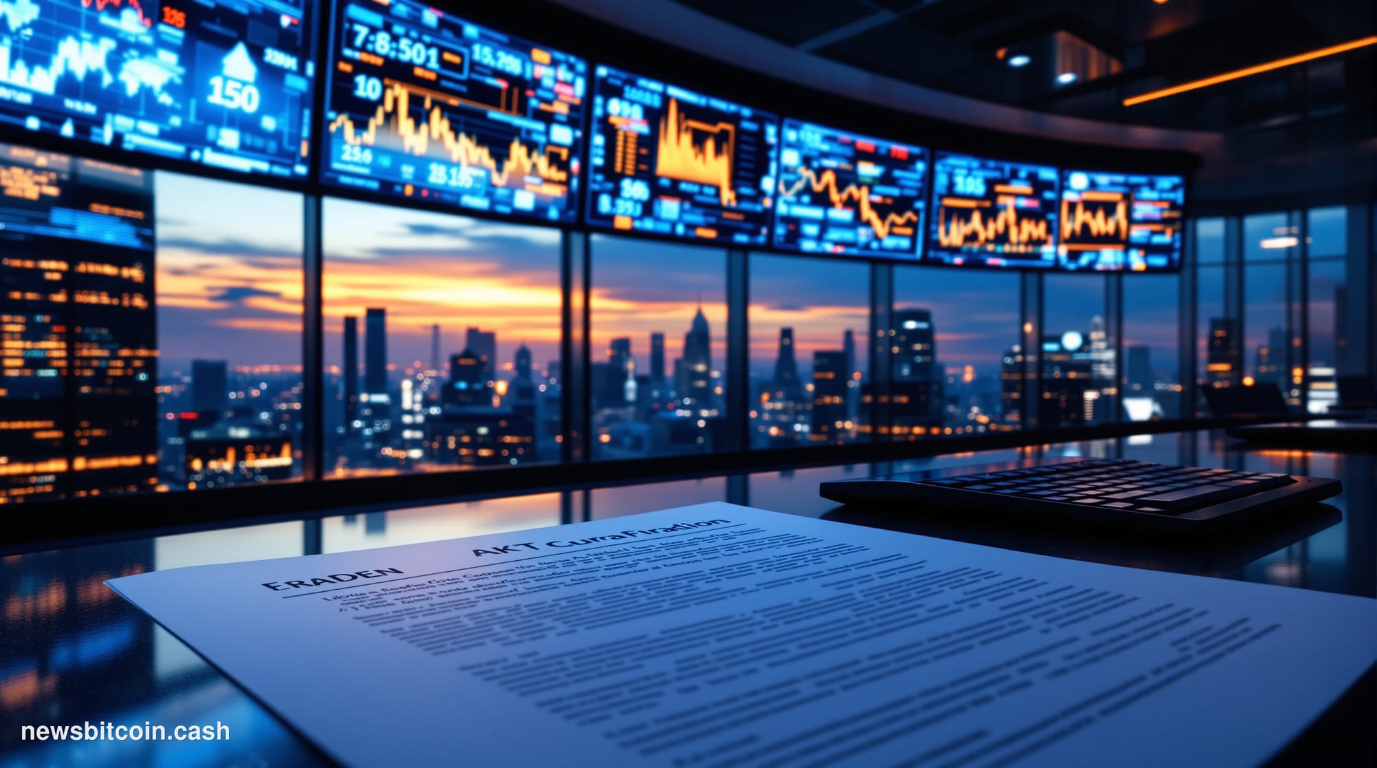 Cinematic photorealistic editorial photograph of a sleek institutional trading floor bathed in cool blue ambient light with w