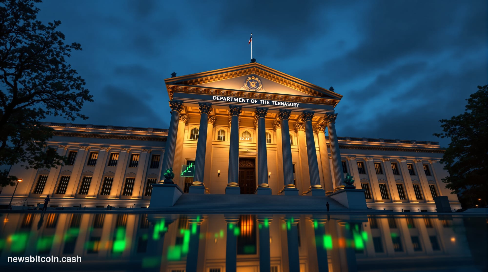 Cinematic photorealistic editorial photograph of the Neoclassical facade of the US Treasury Building in Washington D.C., shot